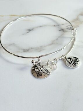 Vintage Style Because I Love You Charm Bangle Bracelet Love Heart Disc | Silver
